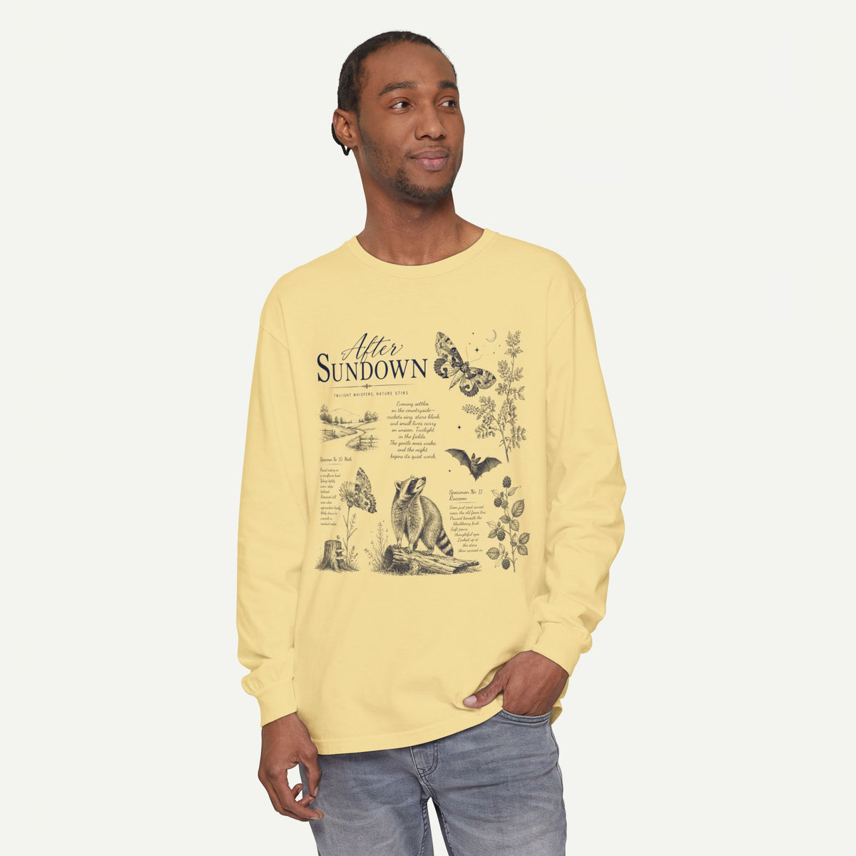 After Sundown Long Sleeve Tee — Vintage Moonlit Nature Graphic