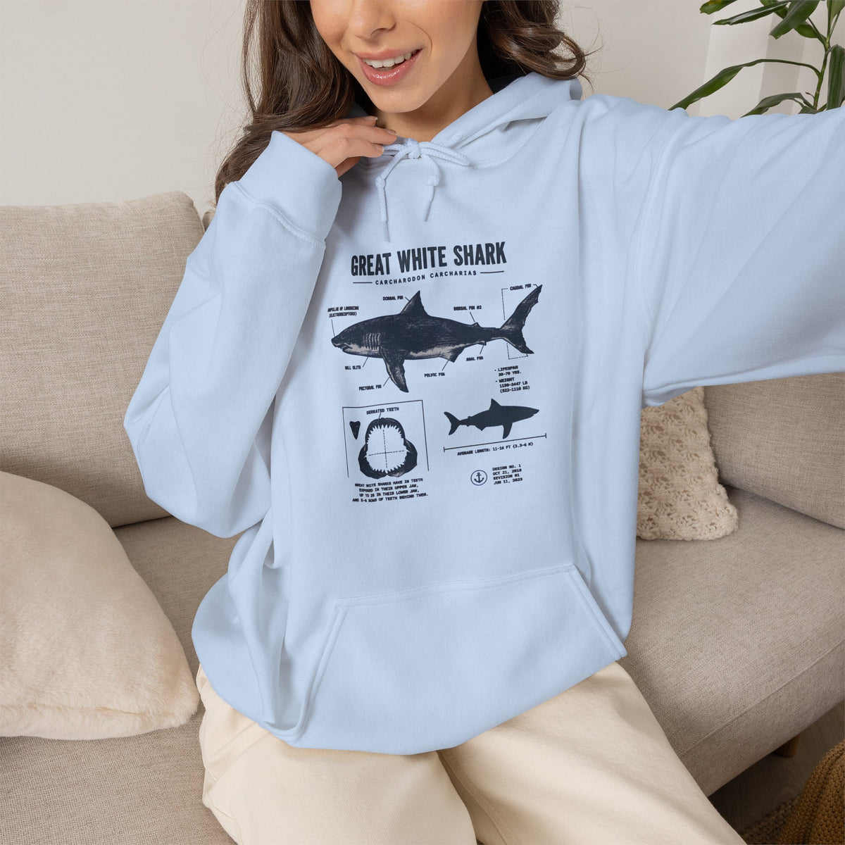 Shark Diagram Hoodie — Great White Shark Anatomy Graphic Sweatshirt
