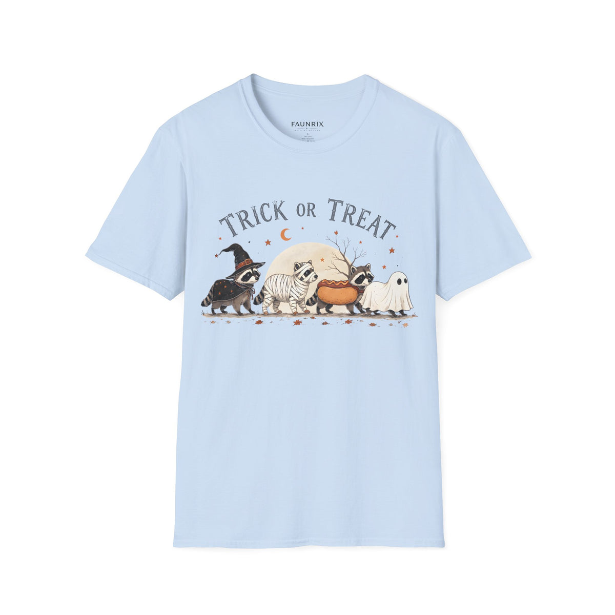 Trick or Treat Halloween T-Shirt — Cute Costume Raccoon, Mummy & Ghost Graphic
