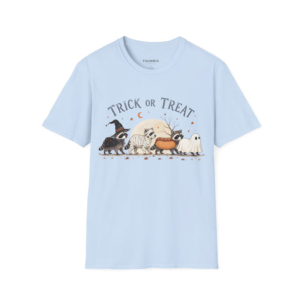 Trick or Treat Halloween T-Shirt — Cute Costume Raccoon, Mummy & Ghost Graphic