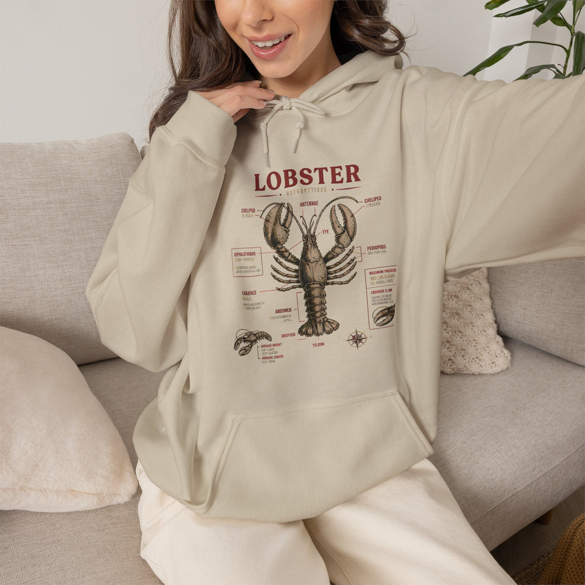 Lobster Anatomy Hoodie – Nautical Seafood Illustration Pullover
