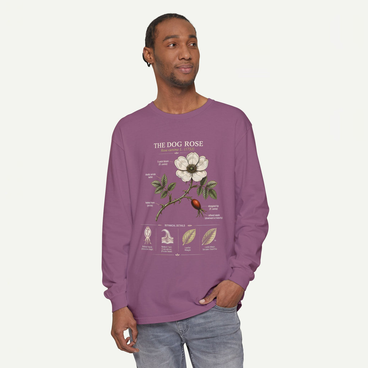 Vintage Botanical Long Sleeve Tee — Wild Rose Illustration