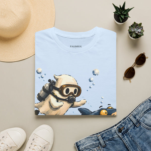 Dive Buddy T‑Shirt — Cute Scuba Pug Chasing Shark Illustration