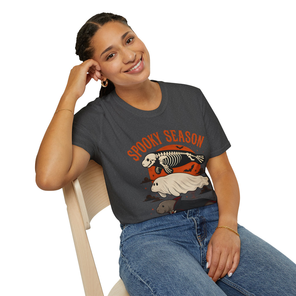 Spooky Season T-Shirt – Retro Skeleton Manatee Halloween Tee
