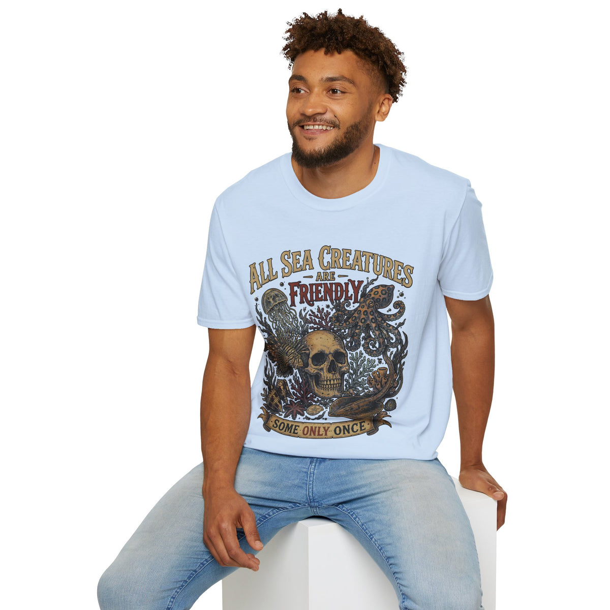 Ocean Creature Graphic T-Shirt — "All Sea Creatures Are Friendly (Some Only Once)" Vintage Skull Octopus Tee
