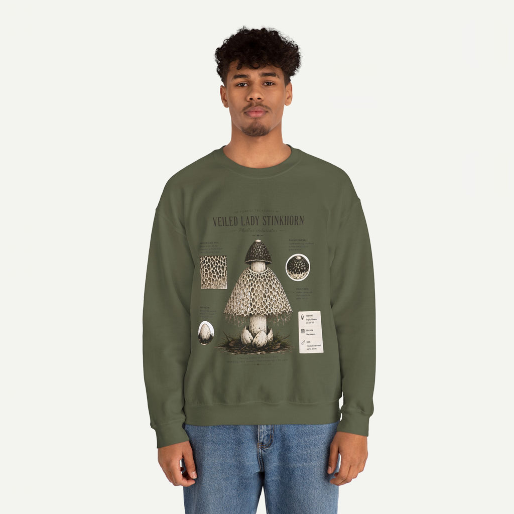 Veiled Lady Stinkhorn Mushroom Crewneck Sweatshirt — Botanical Mycology Graphic