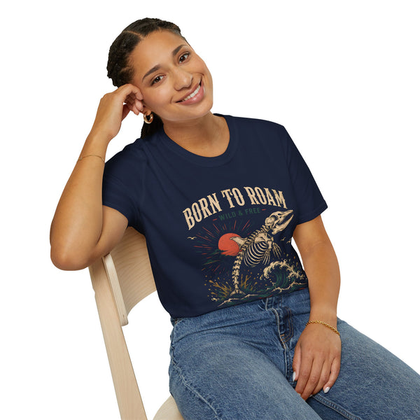 Born to Roam T-Shirt — Vintage Skeleton Dinosaur 'Wild & Free' Graphic Tee