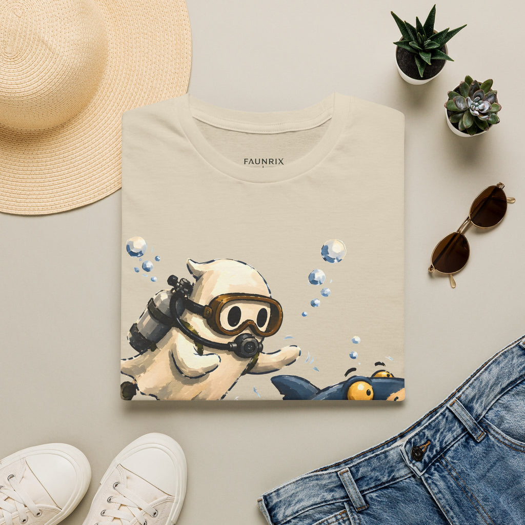 Dive Buddy T‑Shirt — Cute Scuba Pug Chasing Shark Illustration