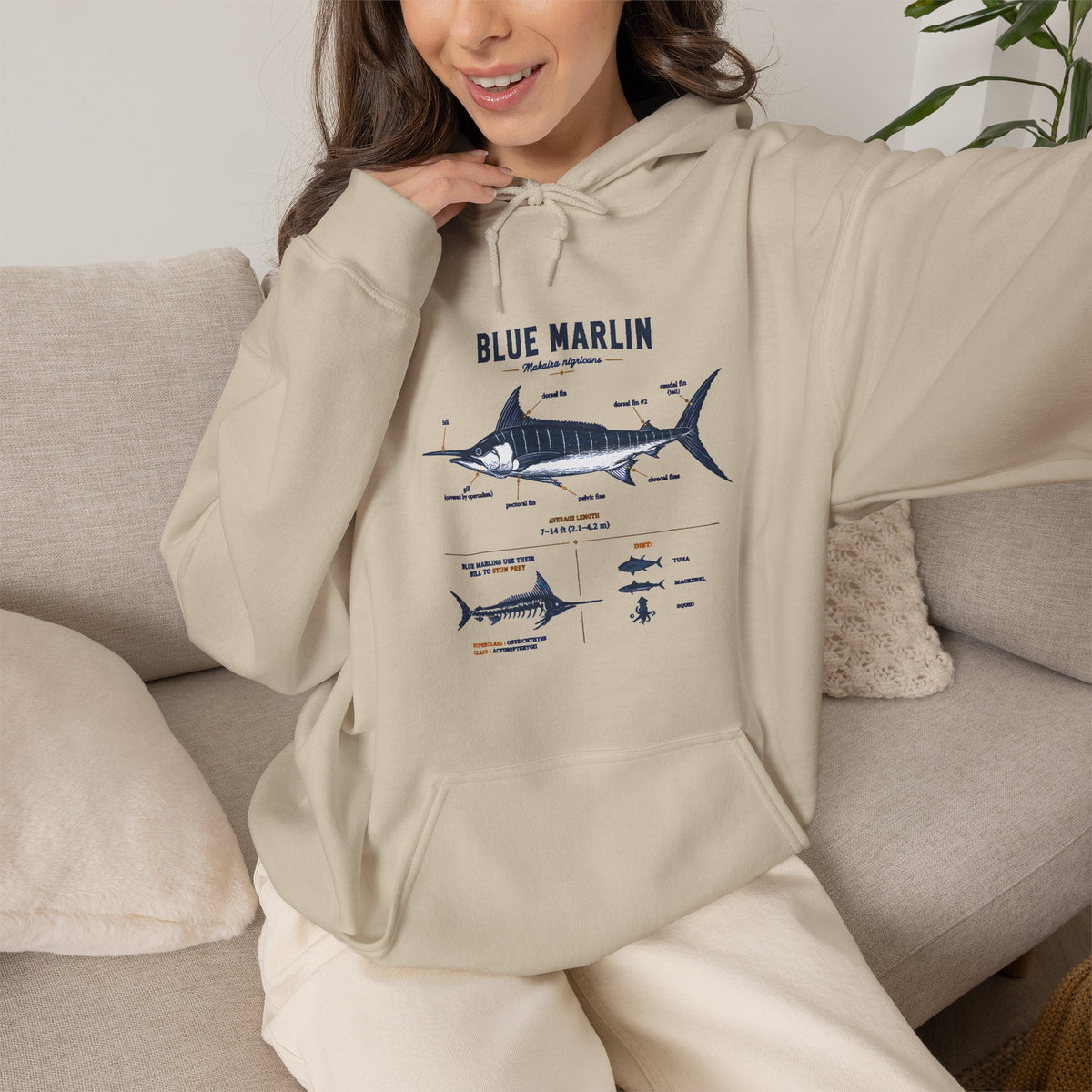 Blue Marlin Illustration Hoodie – Marine Species Diagram Fishing Sweatshirt