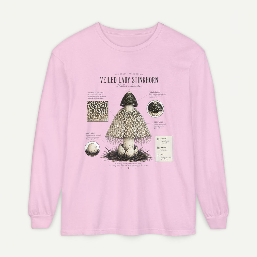 Veiled Lady Stinkhorn Mushroom Long Sleeve Tee — Botanical Fungi Illustration