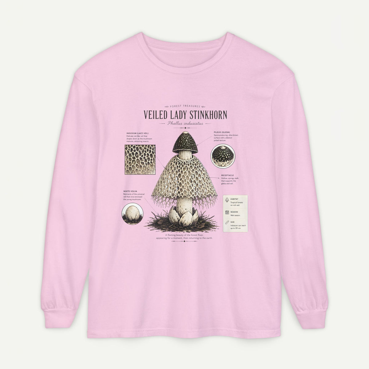 Veiled Lady Stinkhorn Mushroom Long Sleeve Tee — Botanical Fungi Illustration