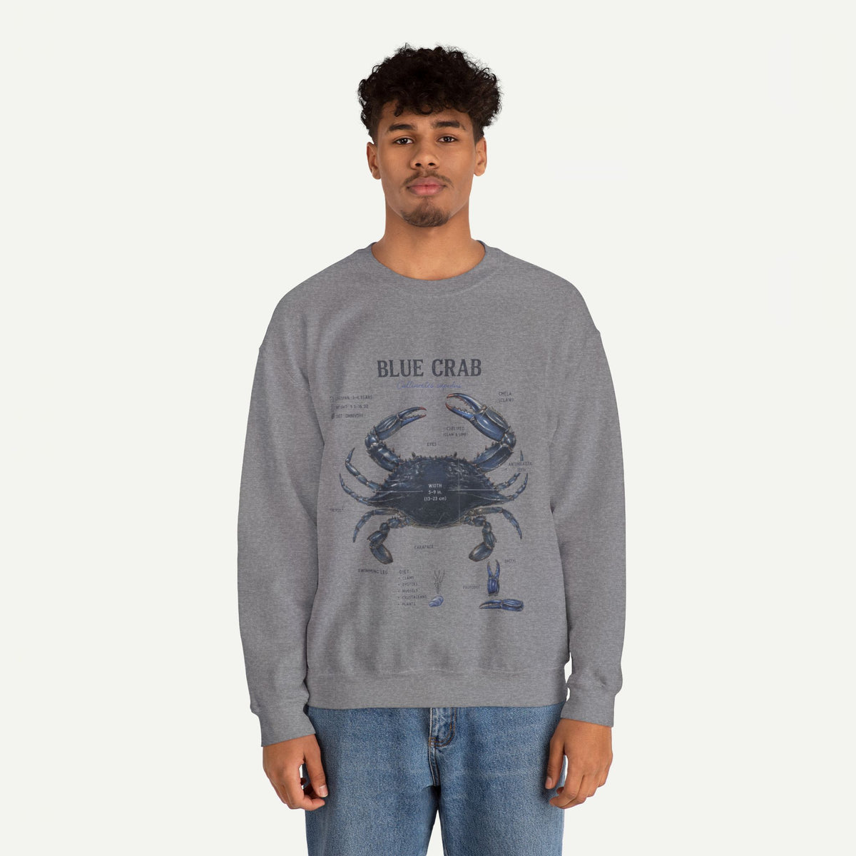 Blue Crab Sweatshirt — Vintage Nautical Marine Illustration