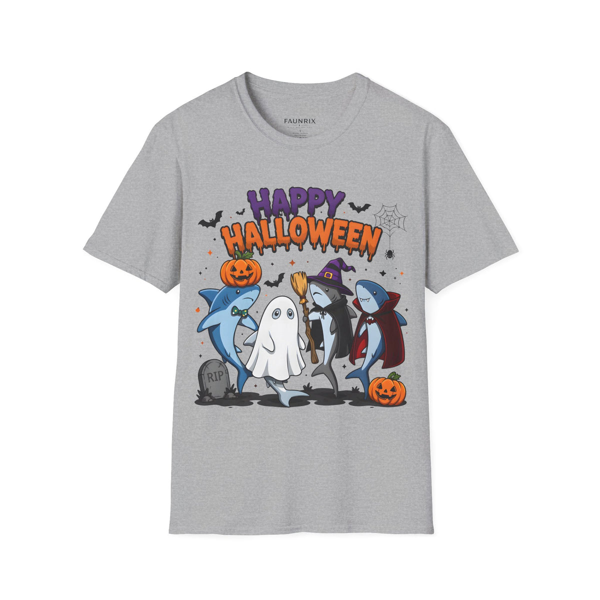 Happy Halloween T-Shirt — Cute Shark, Ghost & Pumpkin Holiday Tee