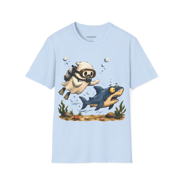 Dive Buddy T‑Shirt — Cute Scuba Pug Chasing Shark Illustration