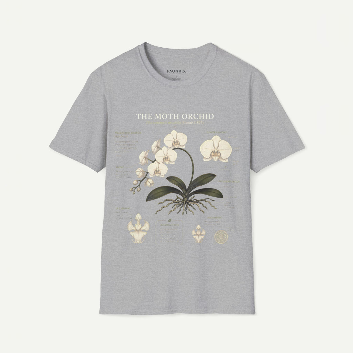 Moth Orchid Anatomy T‑Shirt — Elegant White Phalaenopsis Floral Tee Main image