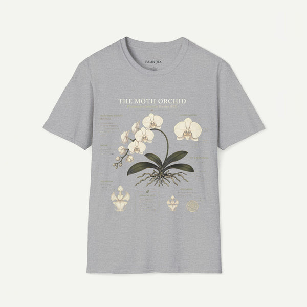 Moth Orchid Anatomy T‑Shirt — Elegant White Phalaenopsis Floral Tee
