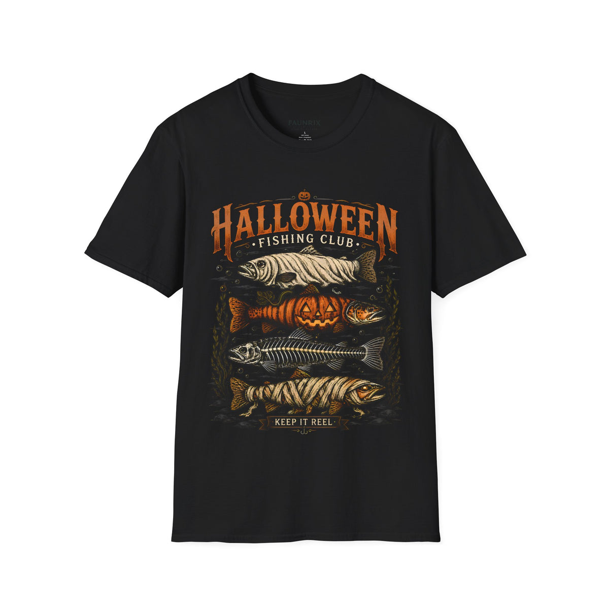 Halloween Trout Graphic T‑Shirt — Spooky Fish Pumpkin Design