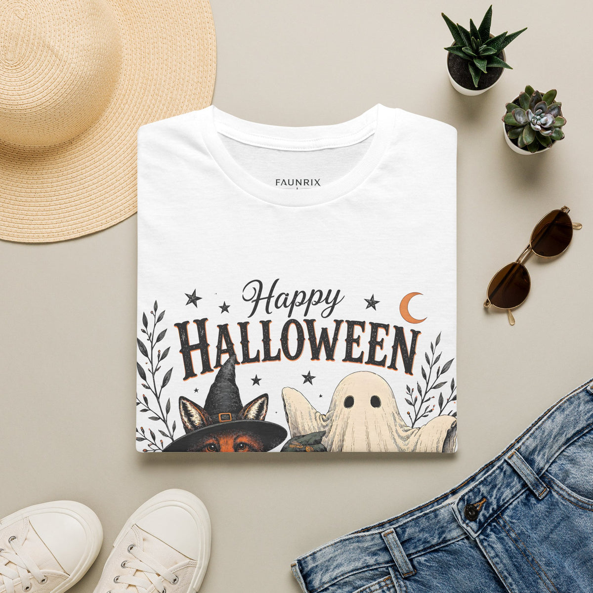 Happy Halloween T-Shirt — Cute Witch Cat & Ghost Pumpkin Graphic Tee