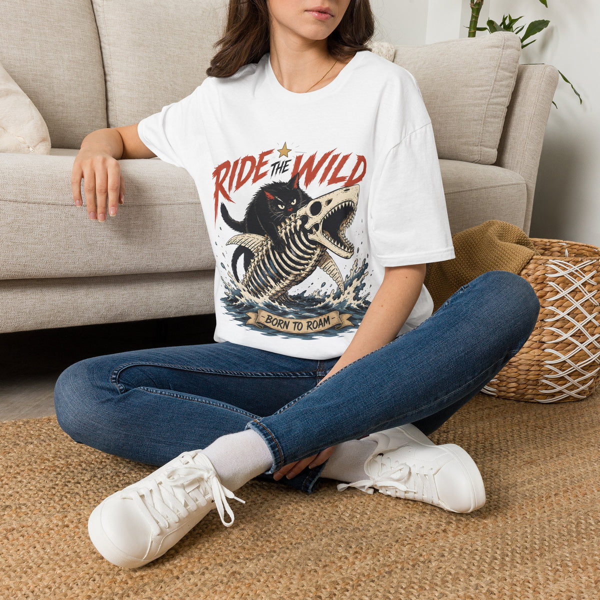Ride the Wild T-Shirt — Cat Riding Dinosaur Skull Graphic Tee