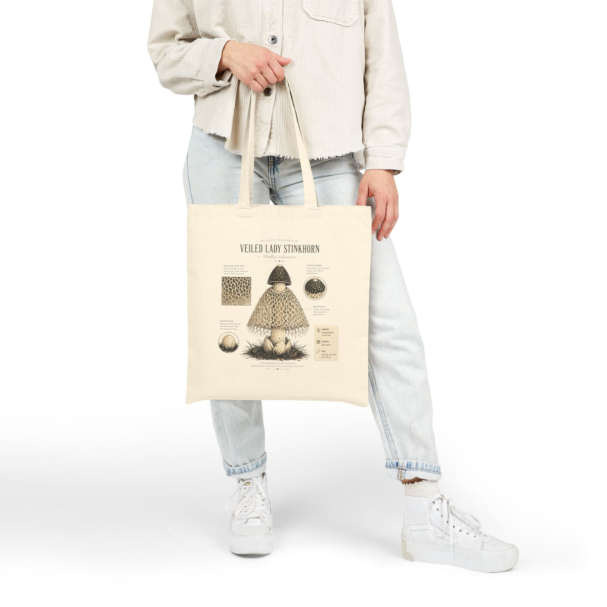 Veiled Lady Stinkhorn Tote Bag — Botanical Mushroom Illustration Canvas Tote
