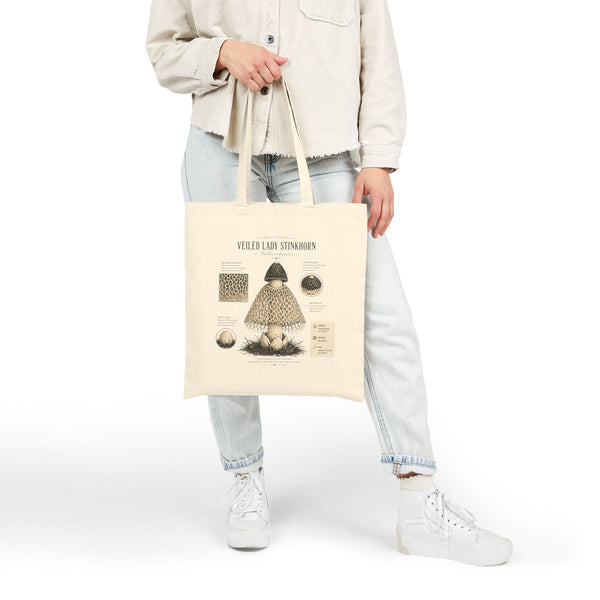 Veiled Lady Stinkhorn Tote Bag — Botanical Mushroom Illustration Canvas Tote
