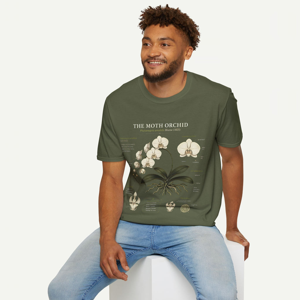 Moth Orchid Anatomy T‑Shirt — Elegant White Phalaenopsis Floral Tee