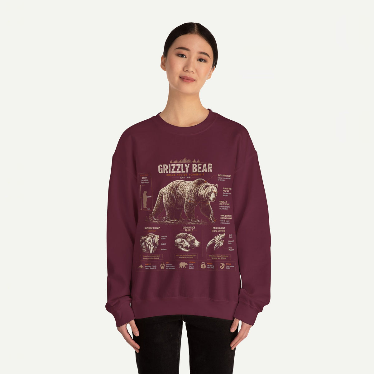Grizzly Bear Anatomy Crewneck Sweatshirt — Vintage Wildlife Graphic Pullover