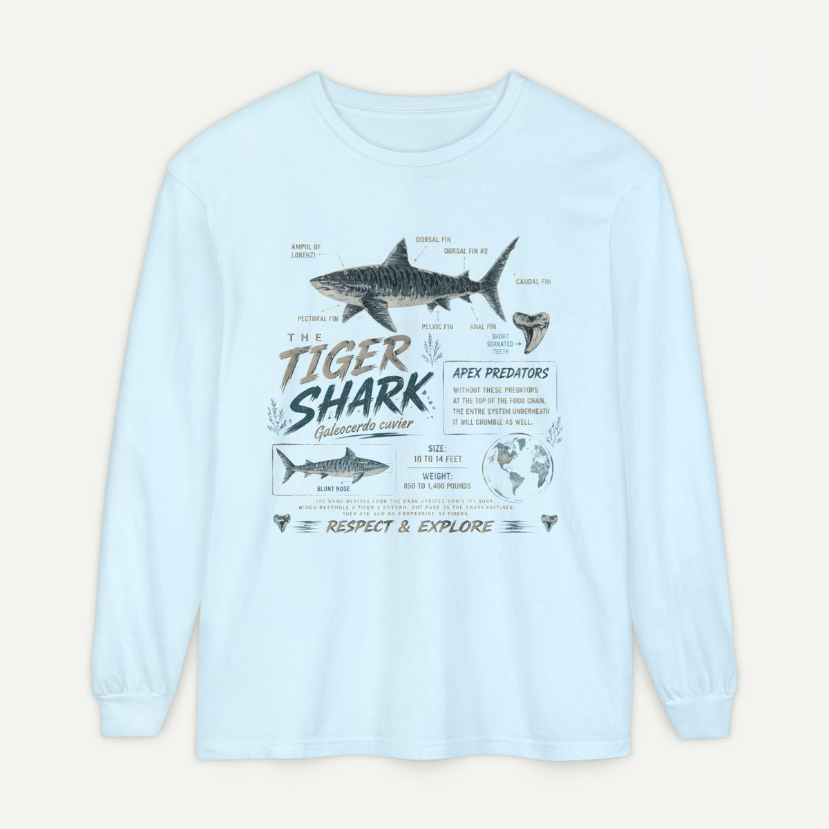 Tiger Shark Graphic Long Sleeve Tee — 'Tiger Shark' Educational Ocean Shirt