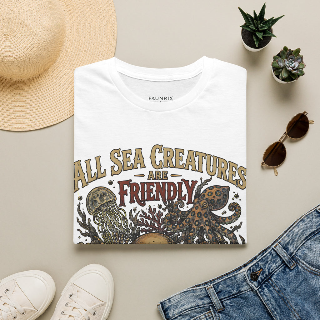 Ocean Creature Graphic T-Shirt — "All Sea Creatures Are Friendly (Some Only Once)" Vintage Skull Octopus Tee