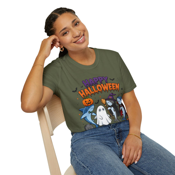 Happy Halloween T-Shirt — Cute Shark, Ghost & Pumpkin Holiday Tee