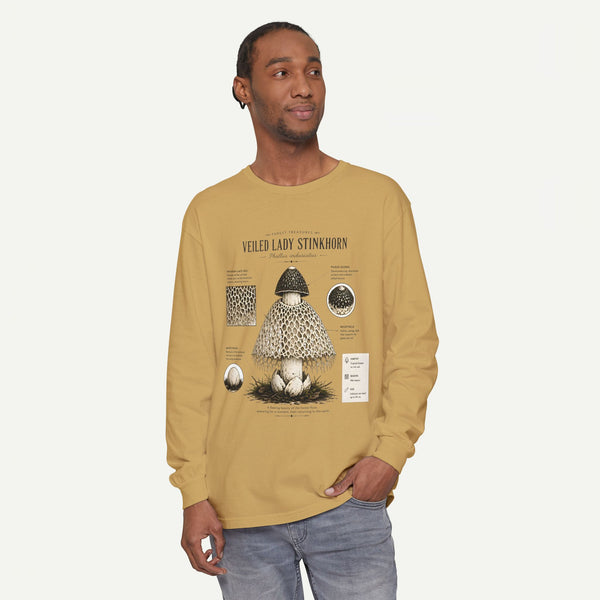 Veiled Lady Stinkhorn Mushroom Long Sleeve Tee — Botanical Fungi Illustration