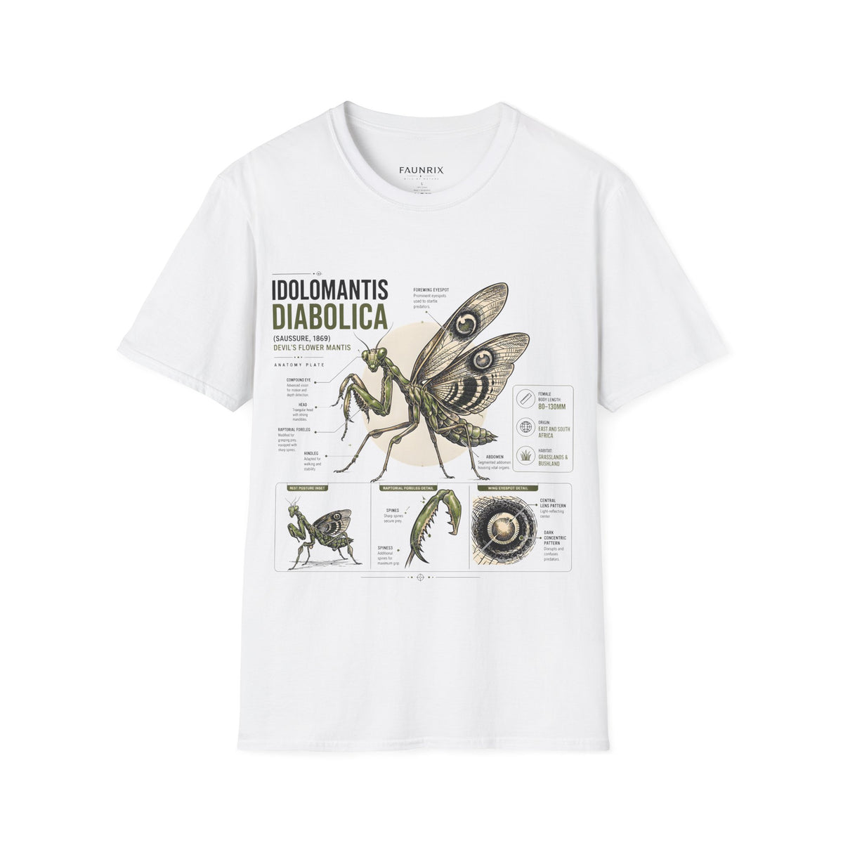 Praying Mantis Botanical Anatomy T-Shirt — Mantis Taxonomy Graphic Tee Main image