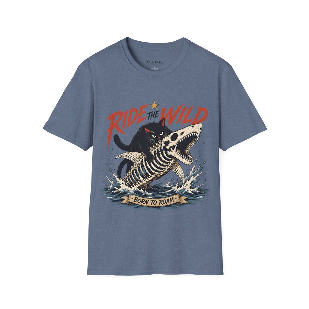 Ride the Wild T-Shirt — Cat Riding Dinosaur Skull Graphic Tee