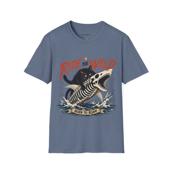 Ride the Wild T-Shirt — Cat Riding Dinosaur Skull Graphic Tee