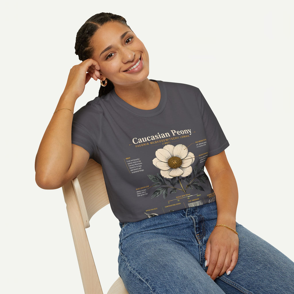 Caucasian Peony Botanical Anatomy T-Shirt — Vintage Floral Illustration Tee