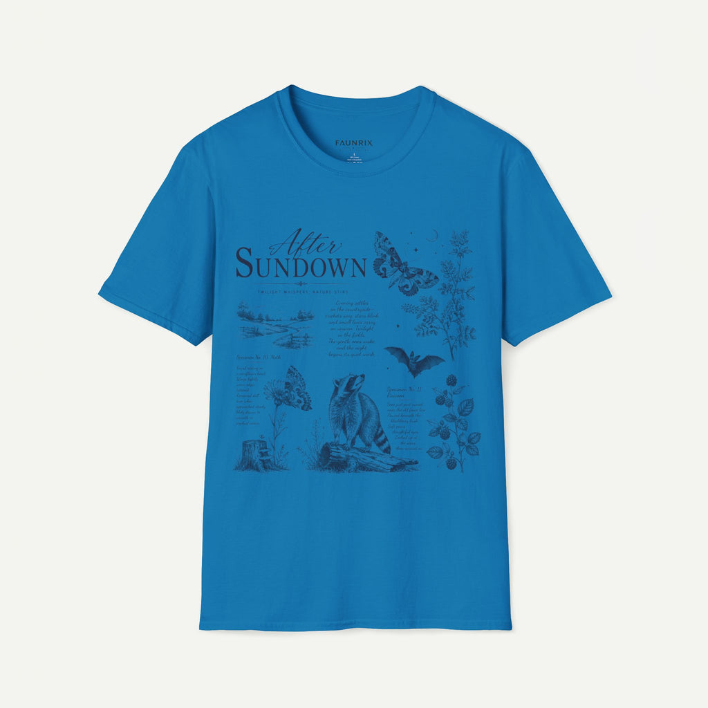 After Sundown T-Shirt — Vintage Nightscape Tee with Butterfly & Nature Illustrations