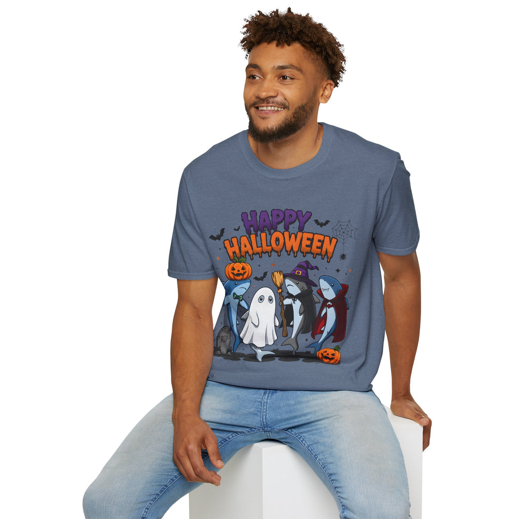 Happy Halloween T-Shirt — Cute Shark, Ghost & Pumpkin Holiday Tee