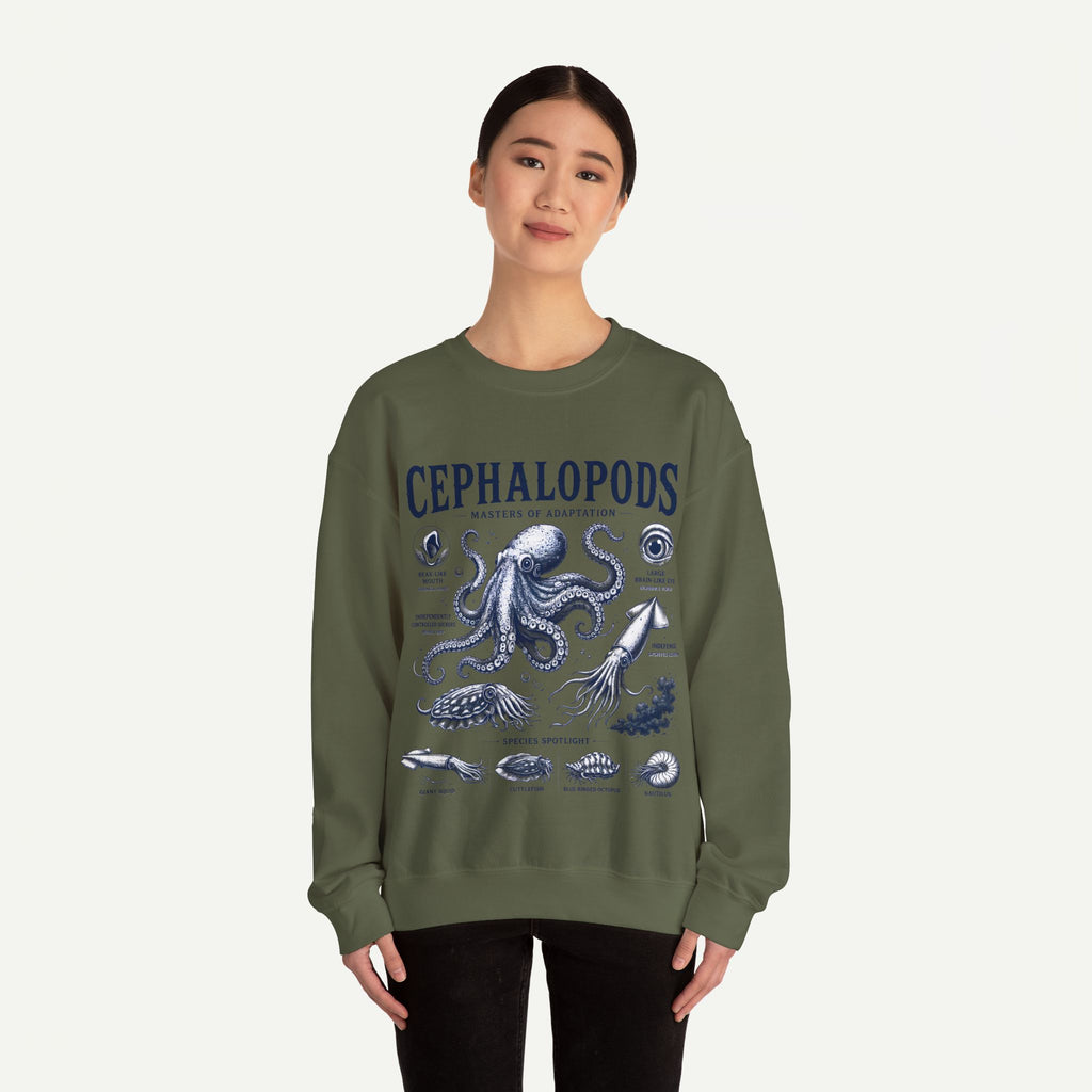 Cephalopods Crewneck Sweatshirt — Vintage Marine Biology Octopus Illustration
