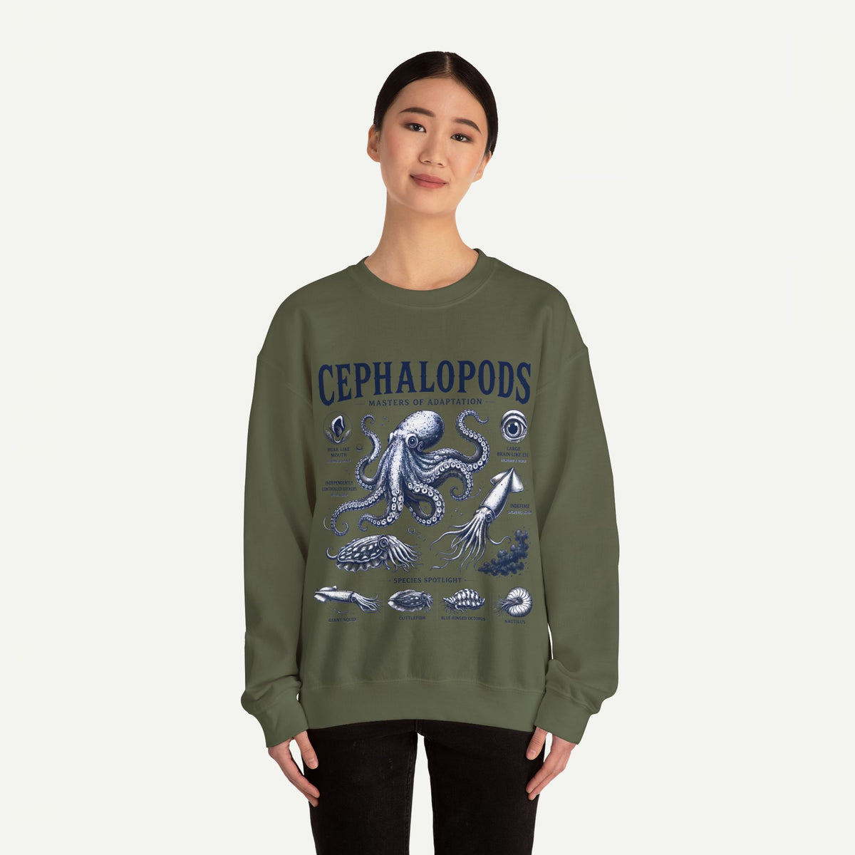 Cephalopods Crewneck Sweatshirt — Vintage Marine Biology Octopus Illustration