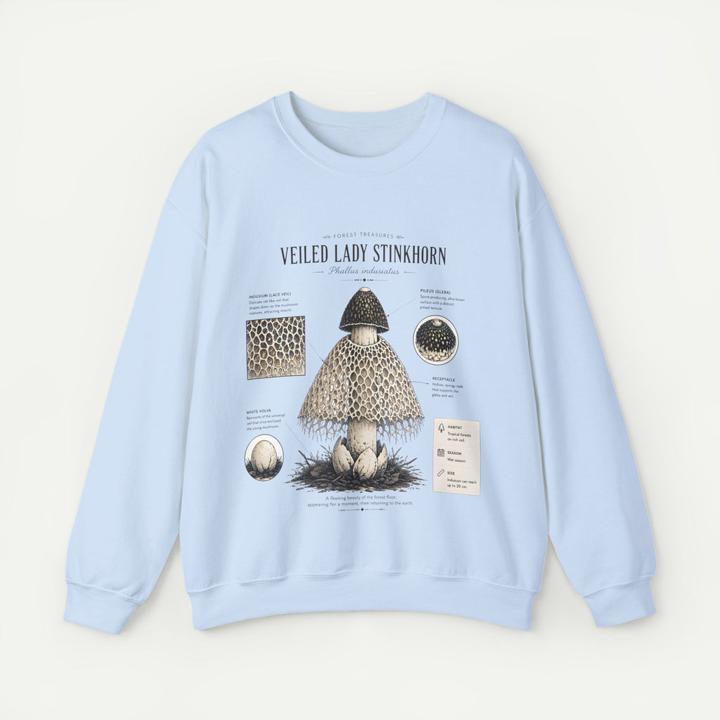 Veiled Lady Stinkhorn Mushroom Crewneck Sweatshirt — Botanical Mycology Graphic