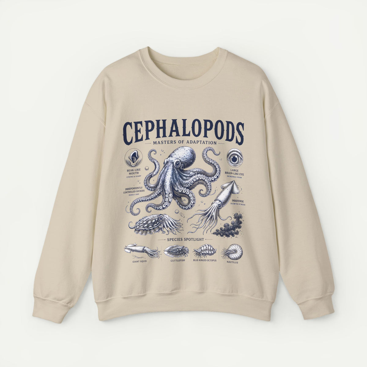 Cephalopods Crewneck Sweatshirt — Vintage Marine Biology Octopus Illustration