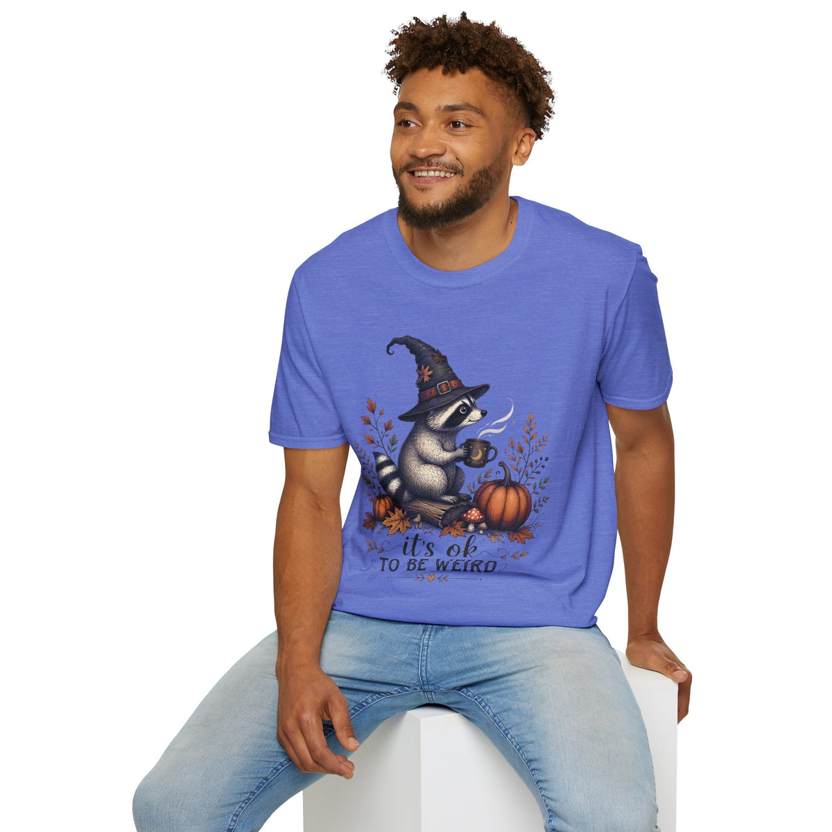 T-Shirt — Cute Raccoon Witch Illustration "It's OK to Be Weird" | Halloween Cozy Fall Graphic Tee