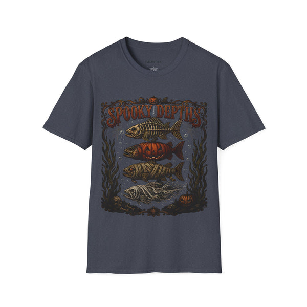 Spooky Depths Fish Tee — Vintage Halloween Skeleton Fish Graphic T-Shirt