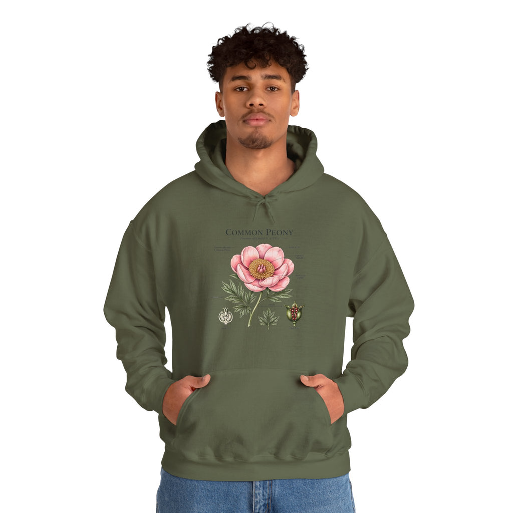 Peony Botanical Hoodie — "Common Peony" Vintage Floral Diagram Sweatshirt
