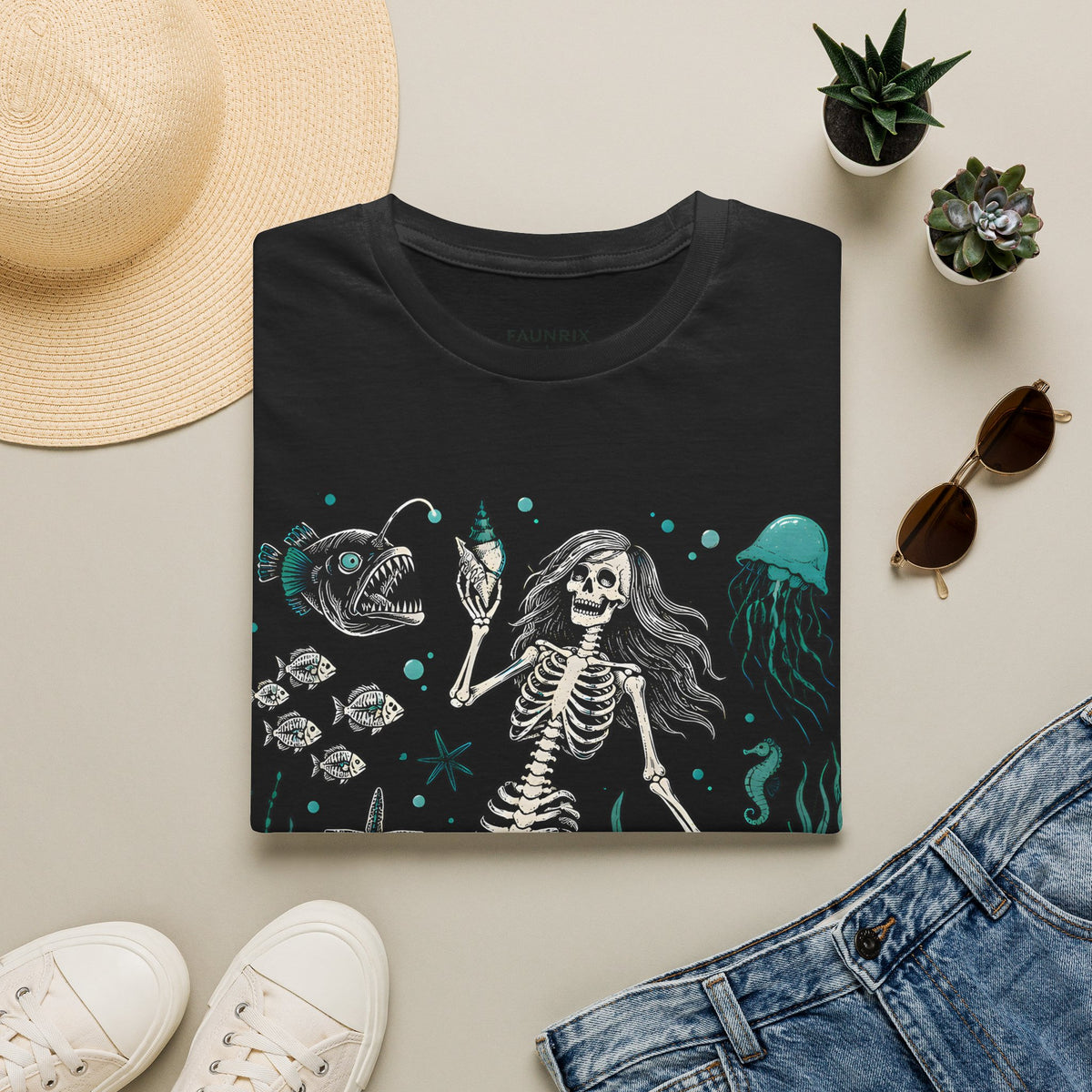 Mermaid Skeleton Tee — Gothic Sea Creature Graphic T-Shirt