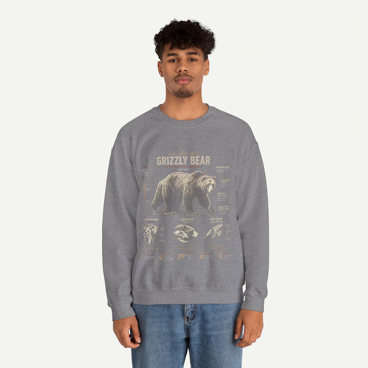 Grizzly Bear Anatomy Crewneck Sweatshirt — Vintage Wildlife Graphic Pullover