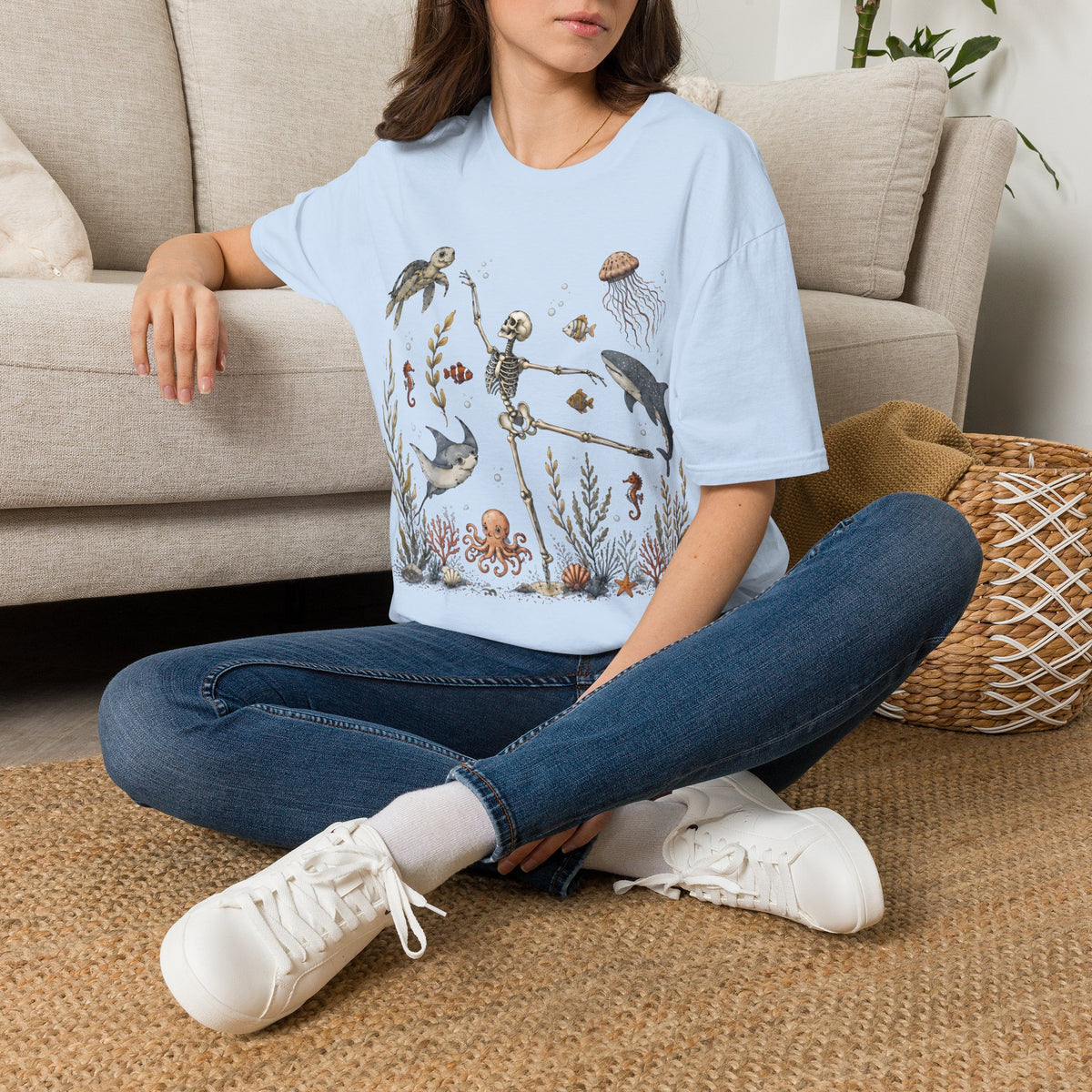 Skeleton & Sea Creatures T-Shirt — Whimsical Underwater Ocean Art Tee