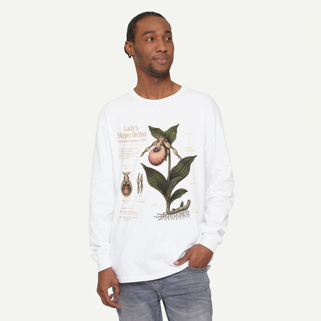 Lady's Slipper Botanical Long Sleeve Tee — Vintage Orchid Illustration