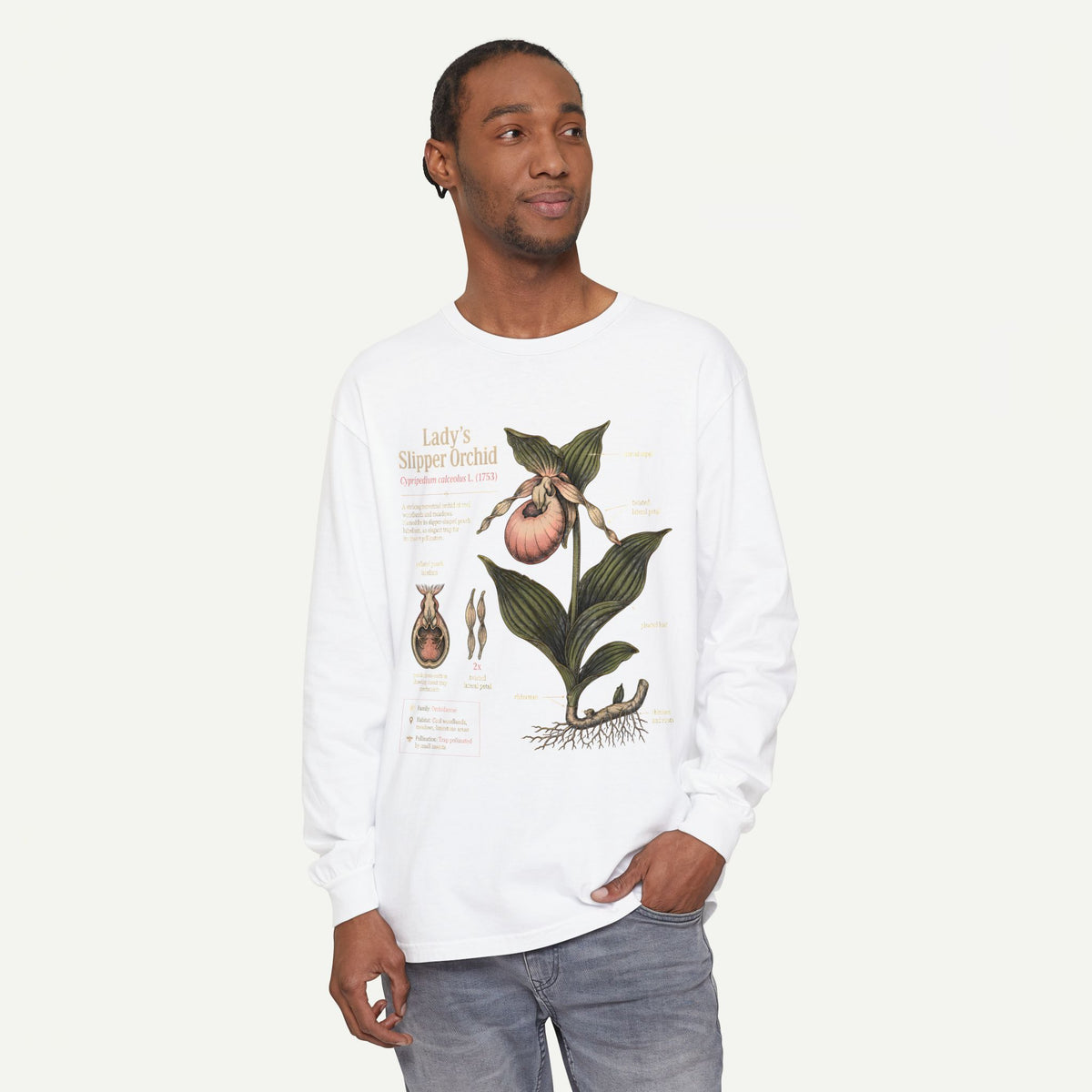 Lady's Slipper Botanical Long Sleeve Tee — Vintage Orchid Illustration