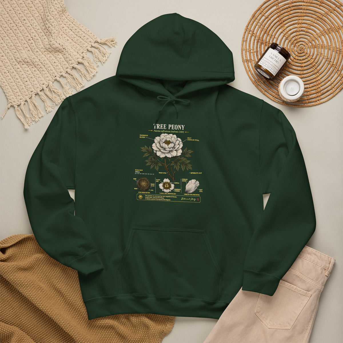Floral Anatomy Hoodie — 'Tree Peony' Botanical Diagram Pullover